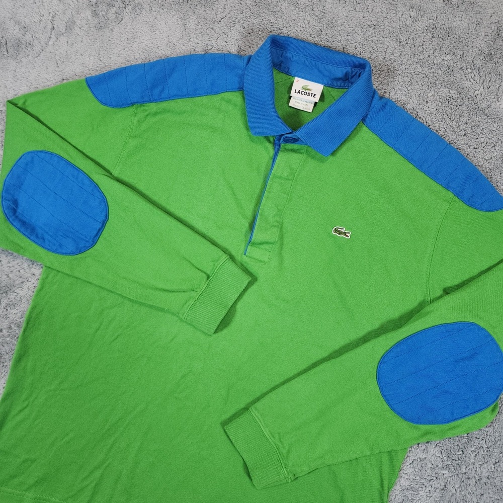 Lacoste Polo Shirt Mens M Long Sleeve Green Blue Elbow Patch Collared Casual Y2K